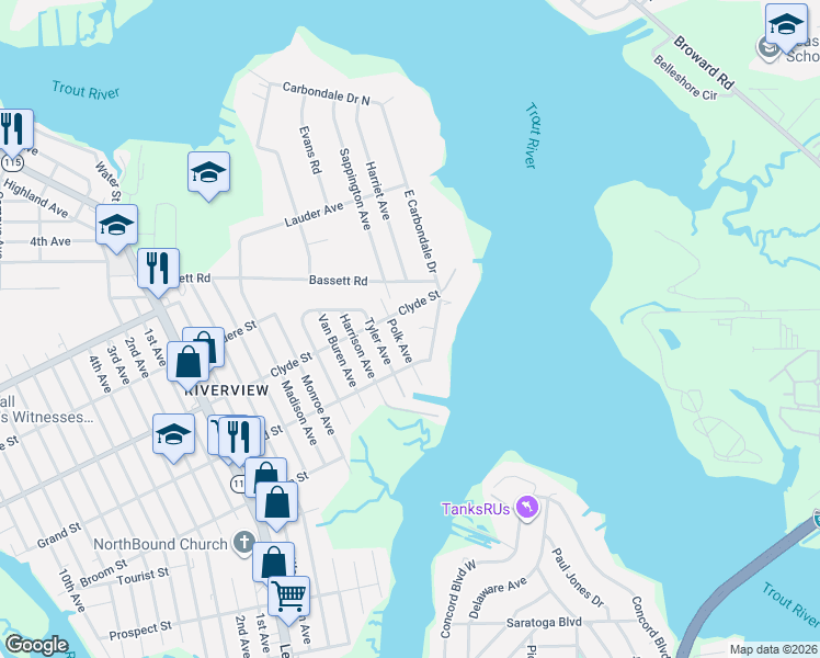 map of restaurants, bars, coffee shops, grocery stores, and more near 1440 Clyde Street in Jacksonville