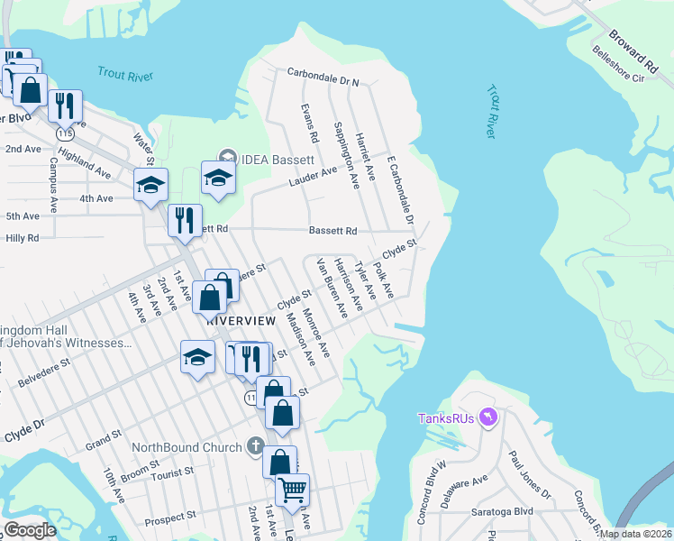 map of restaurants, bars, coffee shops, grocery stores, and more near 9129 Harrison Avenue in Jacksonville