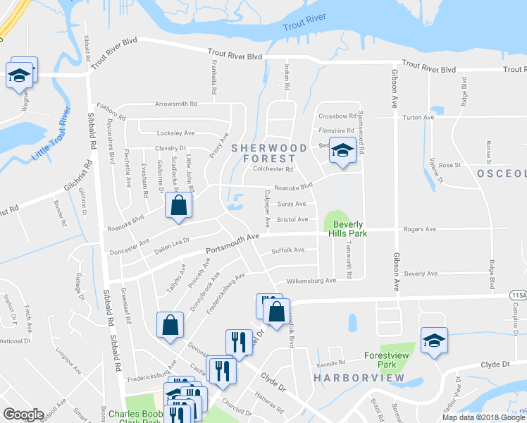 map of restaurants, bars, coffee shops, grocery stores, and more near 9406 Culpeper Avenue in Jacksonville