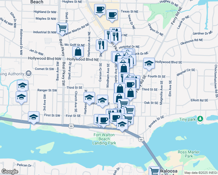 map of restaurants, bars, coffee shops, grocery stores, and more near 40 Windham Avenue Southeast in Fort Walton Beach
