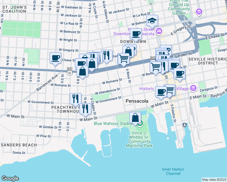 map of restaurants, bars, coffee shops, grocery stores, and more near 400 West Intendencia Street in Pensacola
