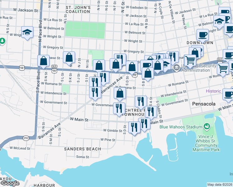 map of restaurants, bars, coffee shops, grocery stores, and more near 201 South E Street in Pensacola