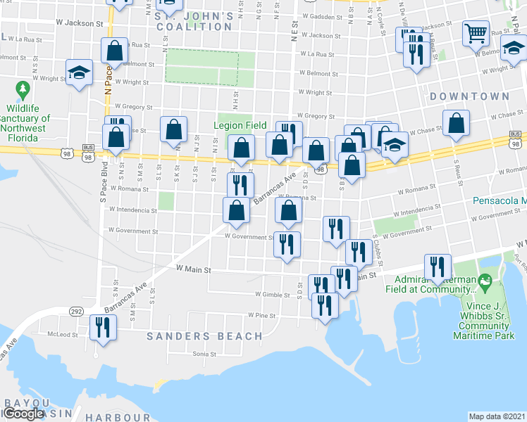 map of restaurants, bars, coffee shops, grocery stores, and more near 1400 Barrancas Avenue in Pensacola