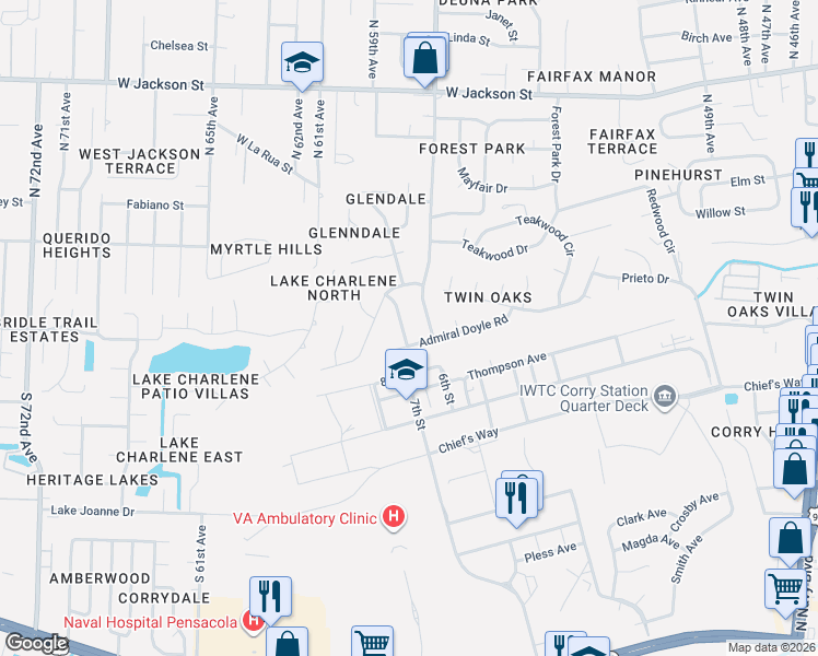 map of restaurants, bars, coffee shops, grocery stores, and more near 307 North 57th Avenue in Pensacola