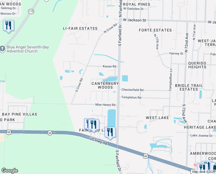 map of restaurants, bars, coffee shops, grocery stores, and more near 8100-8198 Westbourne Drive in Pensacola