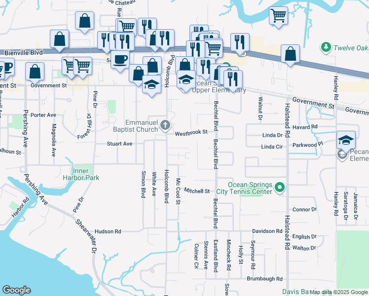 map of restaurants, bars, coffee shops, grocery stores, and more near 117 Armand Oaks in Ocean Springs