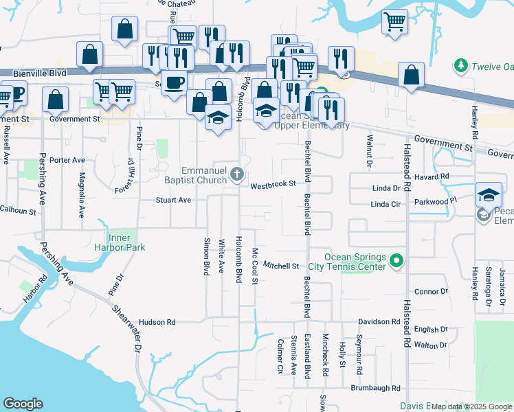map of restaurants, bars, coffee shops, grocery stores, and more near 117 Armand Oaks in Ocean Springs
