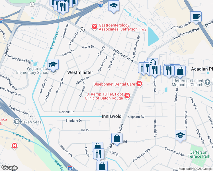 map of restaurants, bars, coffee shops, grocery stores, and more near in Baton Rouge