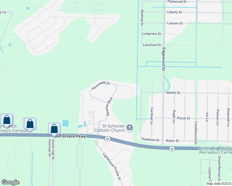 map of restaurants, bars, coffee shops, grocery stores, and more near 6443 Heronrun Way in Gulf Breeze