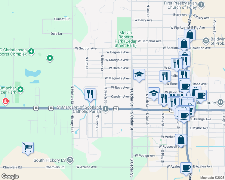 map of restaurants, bars, coffee shops, grocery stores, and more near 602 West Rose Avenue in Foley