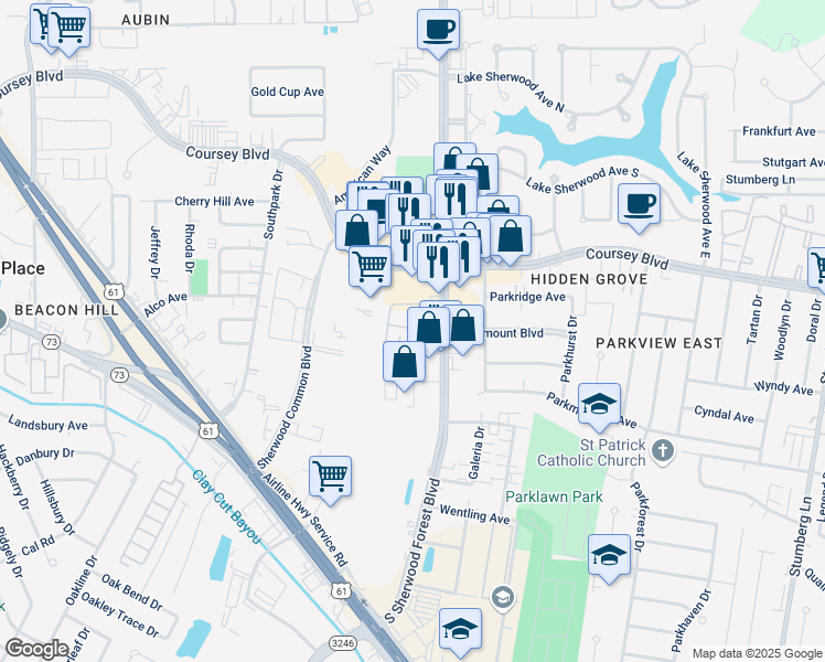 map of restaurants, bars, coffee shops, grocery stores, and more near 4944 South Sherwood Forest Boulevard in Baton Rouge