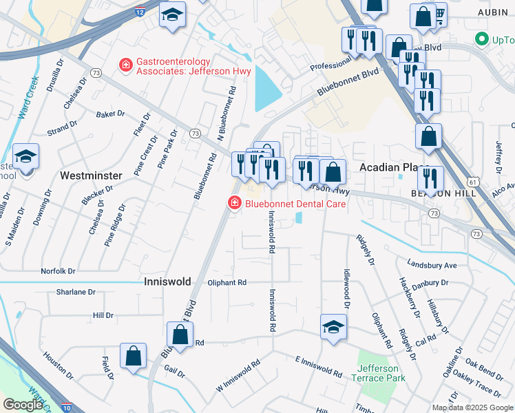 map of restaurants, bars, coffee shops, grocery stores, and more near 4426 Inniswold Road in Baton Rouge