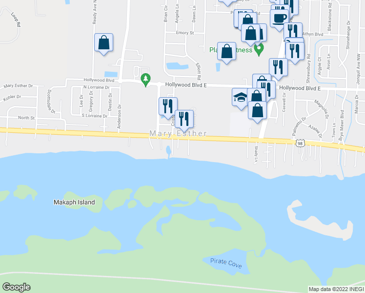 map of restaurants, bars, coffee shops, grocery stores, and more near 1 Cedar Bluff Circle in Mary Esther