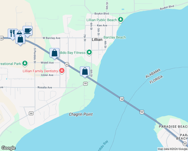 map of restaurants, bars, coffee shops, grocery stores, and more near 12598 6th Street in Lillian