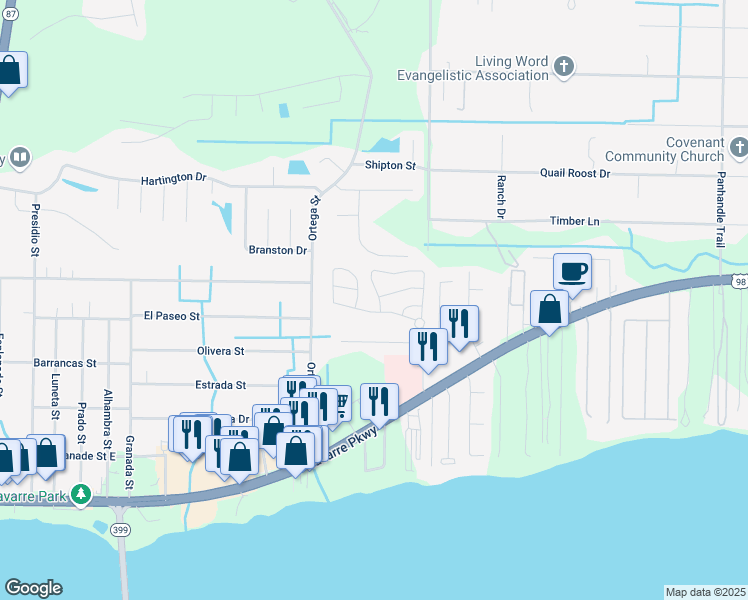 map of restaurants, bars, coffee shops, grocery stores, and more near 2073 Wilsons Plover Circle in Navarre