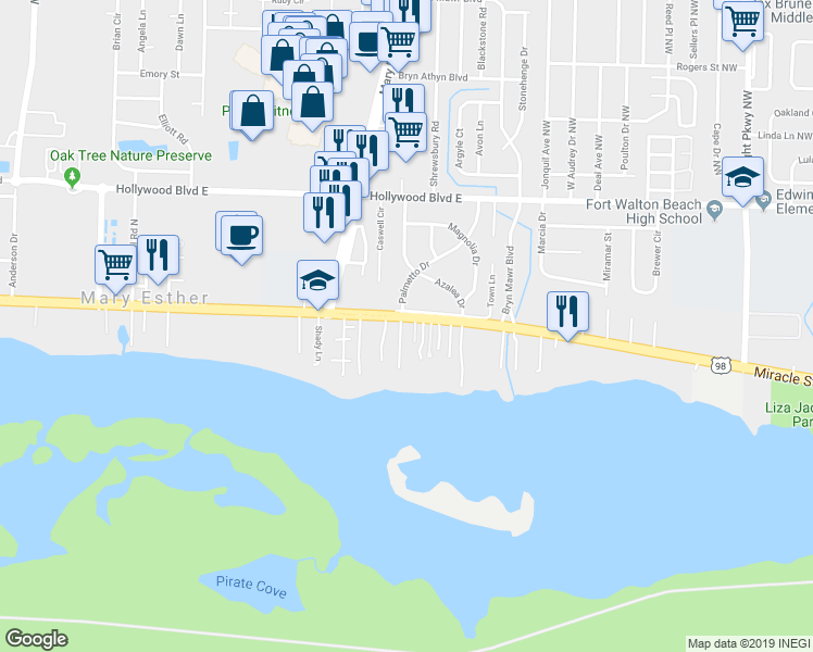 map of restaurants, bars, coffee shops, grocery stores, and more near 2 Sleepy Hollow Drive in Mary Esther