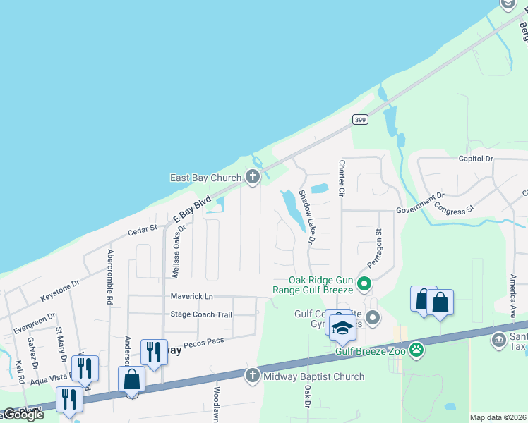 map of restaurants, bars, coffee shops, grocery stores, and more near 2025 Church Street in Gulf Breeze