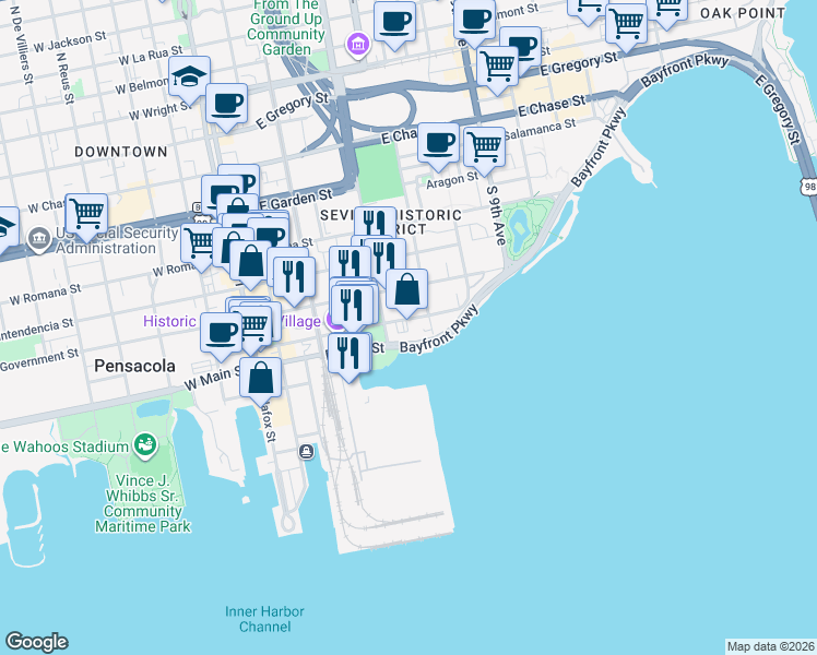 map of restaurants, bars, coffee shops, grocery stores, and more near 414 Zaragoza Street in Pensacola