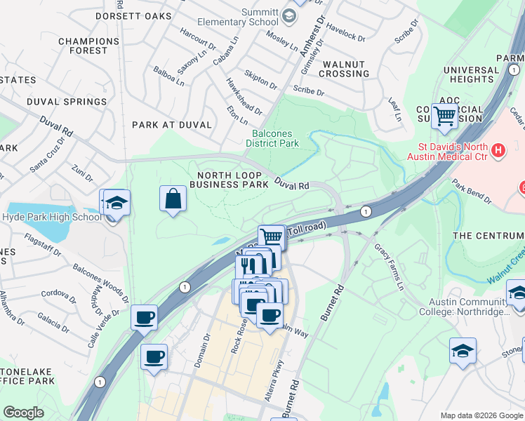 map of restaurants, bars, coffee shops, grocery stores, and more near 3201 Duval Road in Austin