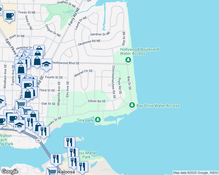 map of restaurants, bars, coffee shops, grocery stores, and more near 14 Euchee Circle Southeast in Ft Walton Bch