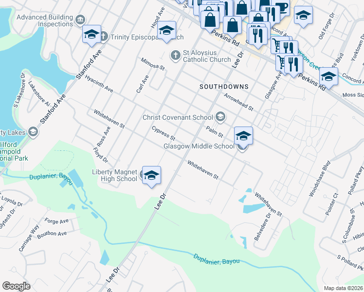 map of restaurants, bars, coffee shops, grocery stores, and more near 4435 Cypress Street in Baton Rouge