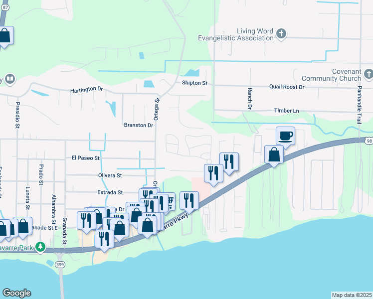 map of restaurants, bars, coffee shops, grocery stores, and more near 2073 Wilsons Plover Circle in Navarre