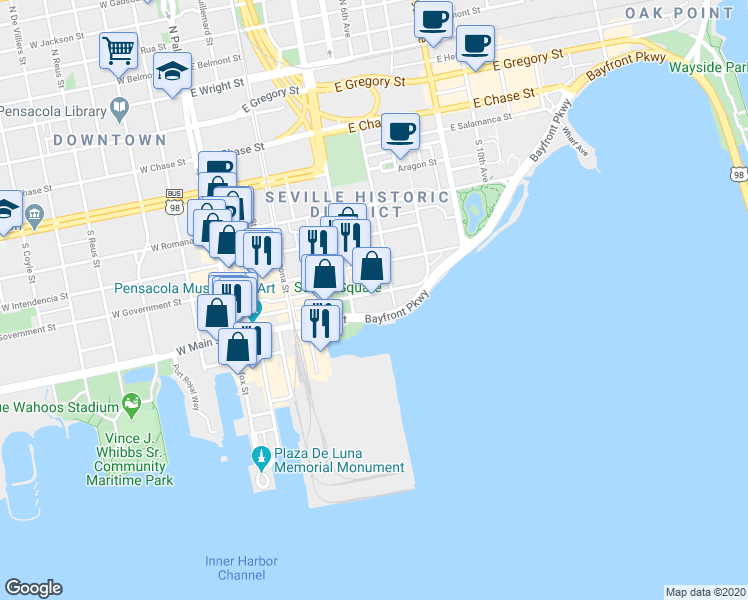 map of restaurants, bars, coffee shops, grocery stores, and more near 414 Zaragoza Street in Pensacola