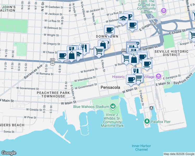map of restaurants, bars, coffee shops, grocery stores, and more near 317 West Intendencia Street in Pensacola