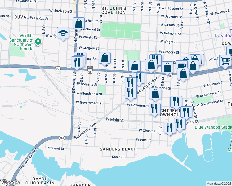 map of restaurants, bars, coffee shops, grocery stores, and more near 201 South I Street in Pensacola