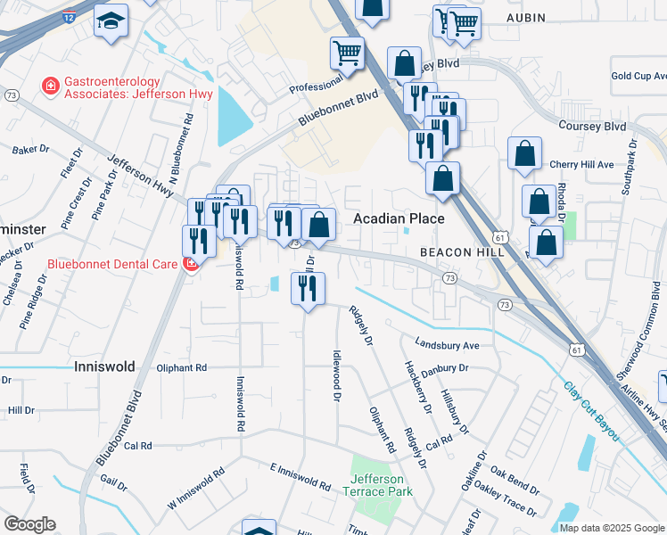 map of restaurants, bars, coffee shops, grocery stores, and more near 10028 Jefferson Highway in Baton Rouge