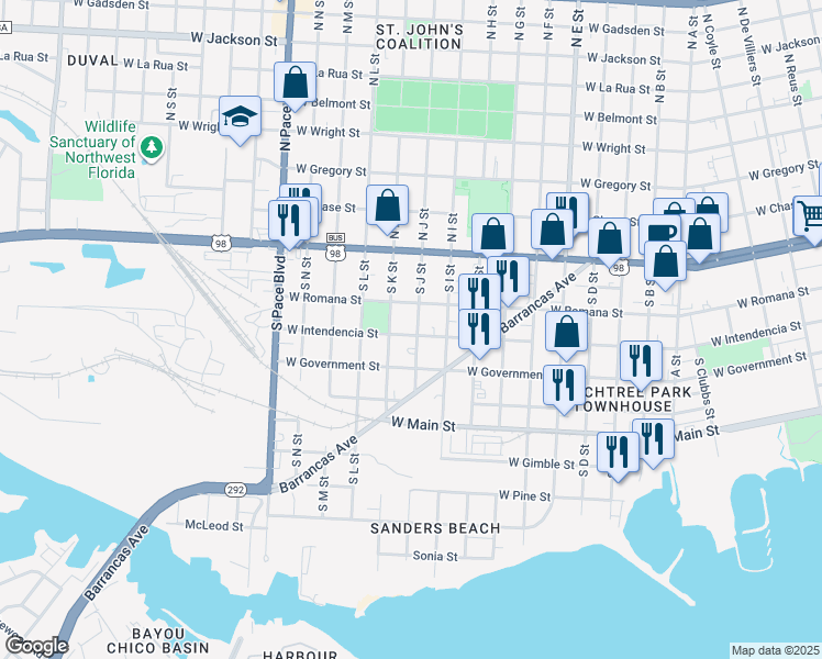 map of restaurants, bars, coffee shops, grocery stores, and more near 1702 West Intendencia Street in Pensacola