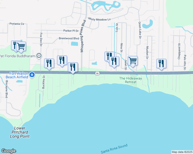 map of restaurants, bars, coffee shops, grocery stores, and more near 9661 Navarre Parkway in Navarre