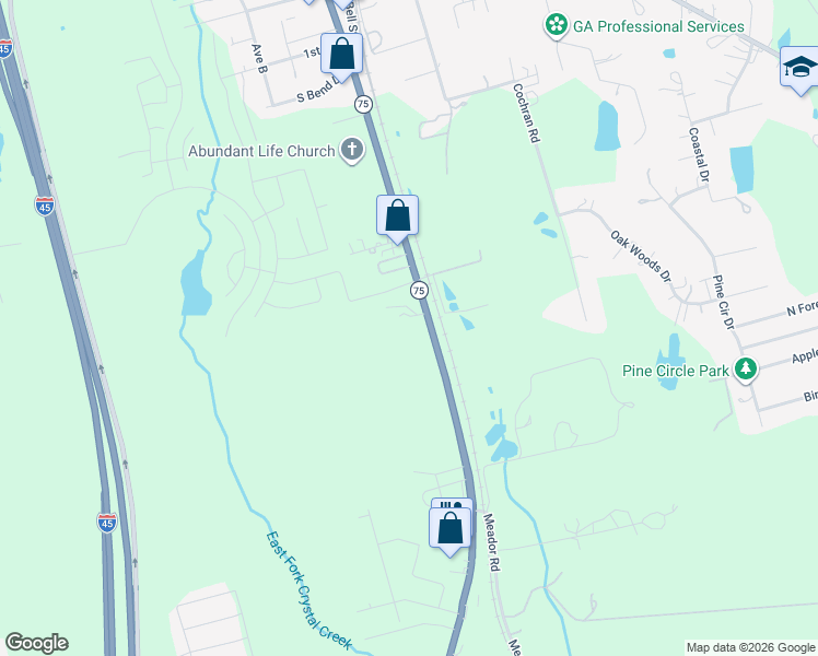 map of restaurants, bars, coffee shops, grocery stores, and more near 11727 State Highway 75 North in Willis
