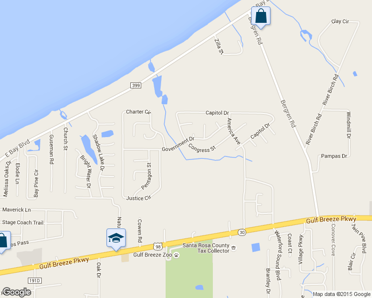 map of restaurants, bars, coffee shops, grocery stores, and more near 5823 Congress Street in Gulf Breeze