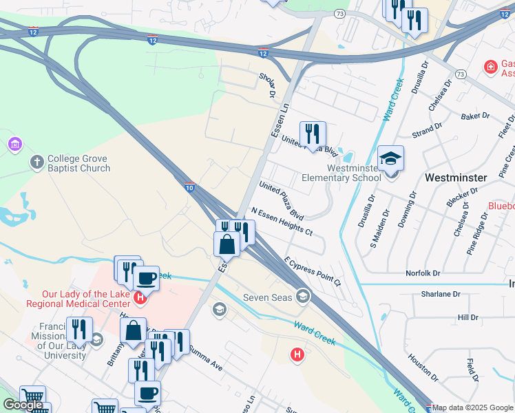 map of restaurants, bars, coffee shops, grocery stores, and more near 8145 North Essen Heights Court in Baton Rouge