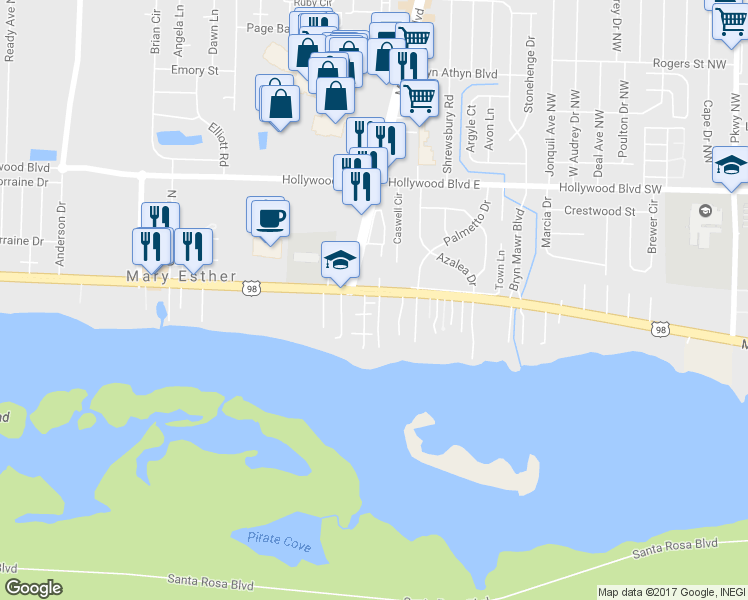 map of restaurants, bars, coffee shops, grocery stores, and more near 364 East Miracle Strip Parkway in Mary Esther