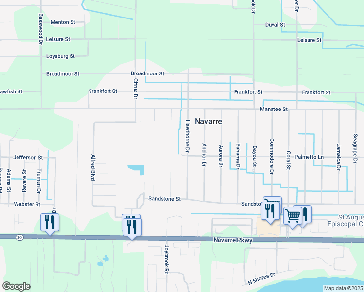 map of restaurants, bars, coffee shops, grocery stores, and more near 2045 Hawthorne Drive in Navarre