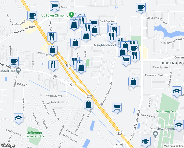 map of restaurants, bars, coffee shops, grocery stores, and more near 4628 North Fuller Place in Baton Rouge