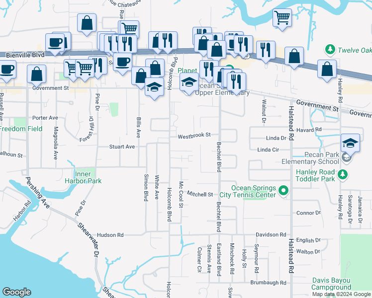 map of restaurants, bars, coffee shops, grocery stores, and more near 117 Armand Oaks in Ocean Springs