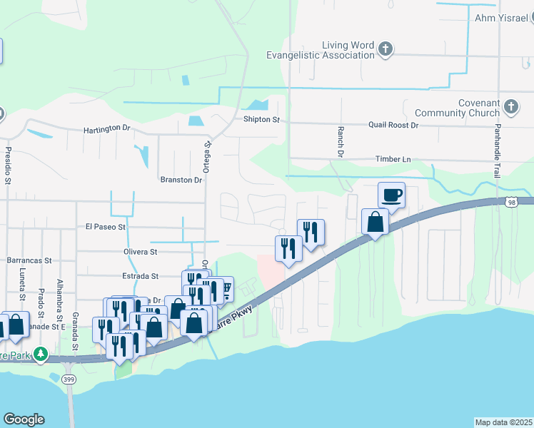 map of restaurants, bars, coffee shops, grocery stores, and more near 8882 White Ibis Way in Navarre