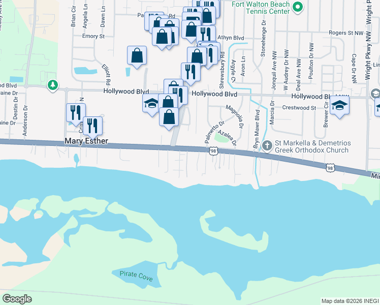 map of restaurants, bars, coffee shops, grocery stores, and more near 2 Kimbrough Road in Mary Esther