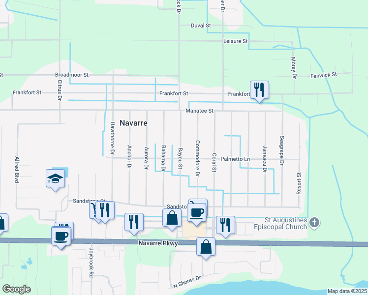 map of restaurants, bars, coffee shops, grocery stores, and more near 1992 Bayou Drive in Navarre