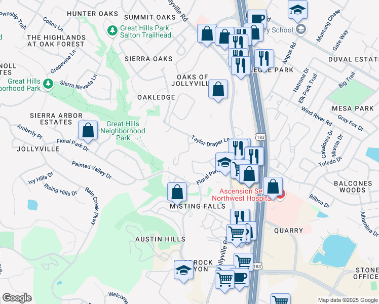 map of restaurants, bars, coffee shops, grocery stores, and more near 11250 Taylor Draper Lane in Austin