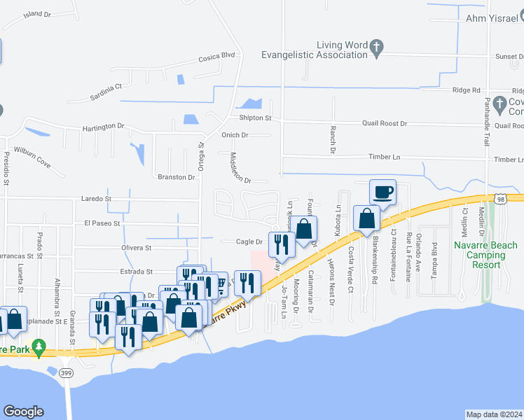 map of restaurants, bars, coffee shops, grocery stores, and more near 8877 White Ibis Way in Navarre