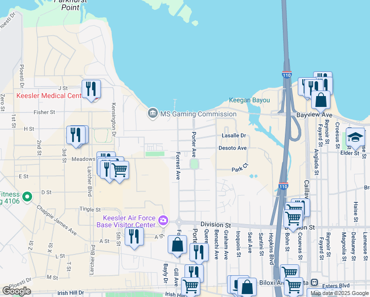 map of restaurants, bars, coffee shops, grocery stores, and more near 421 Forrest Ave in Biloxi