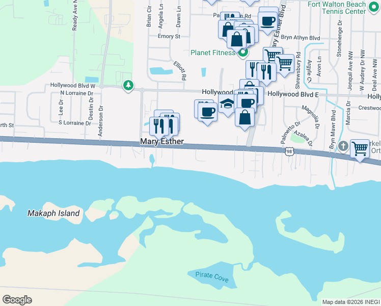 map of restaurants, bars, coffee shops, grocery stores, and more near 203 East Miracle Strip Parkway in Mary Esther