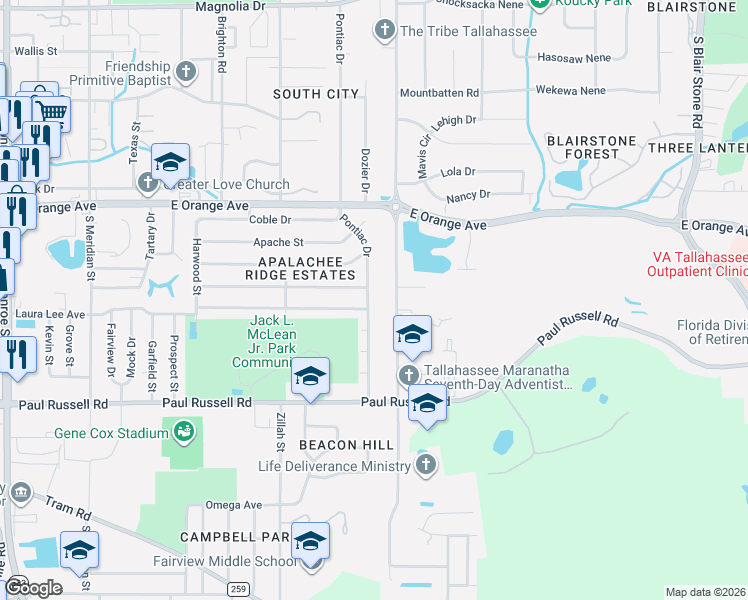 map of restaurants, bars, coffee shops, grocery stores, and more near 937 Kendall Drive in Tallahassee