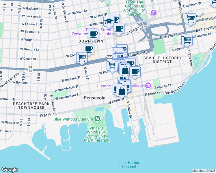 map of restaurants, bars, coffee shops, grocery stores, and more near 131 West Intendencia Street in Pensacola