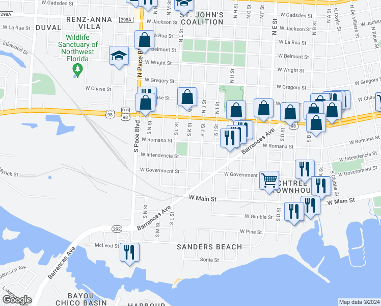 map of restaurants, bars, coffee shops, grocery stores, and more near 216 South K Street in Pensacola