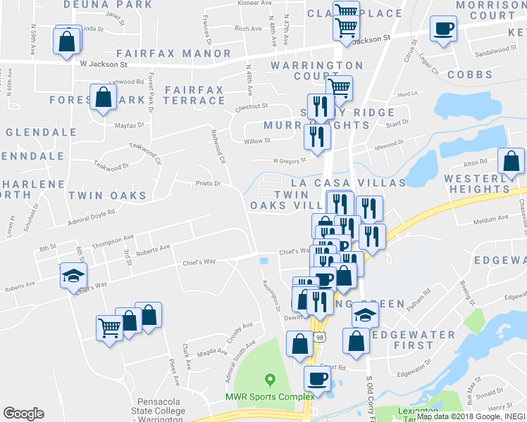 map of restaurants, bars, coffee shops, grocery stores, and more near 4600 Twin Oaks Drive in Pensacola
